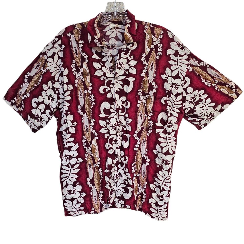 Hawaiian Shirt Red White Floral Print Surf Board Sz Large